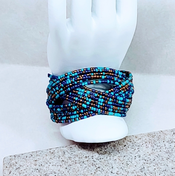 VINTAGE BOHEMIAN WESTERN TURQUOISE, PURPLE AND GOLD SEED BEAD WRAP BRACELET - Picture 3 of 8